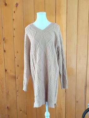Cable-Knit V-Neck Sweater Dress in Camel